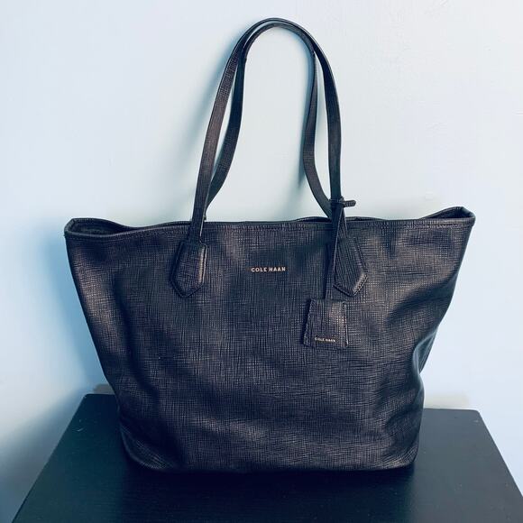 Cole Haan Black Cross Grain Leather Tote Purse - Picture 1 of 9